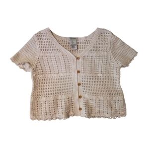 Haute Hippie Crochet Knit Cardigan Cream Boho Short Sleeve Open Knit Top